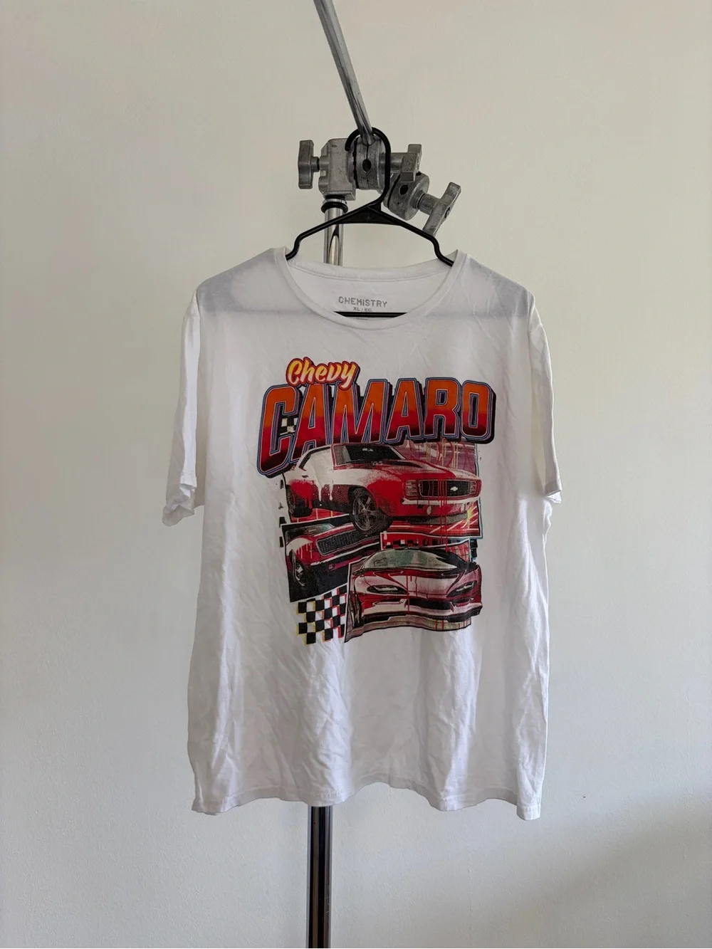 Chemistry White Tee with Red Chevy Camaro Graphic